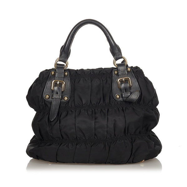 プラダ ギャザー ブラック ナイロン レザー ハンドバッグ レディース PRADA 【中古】