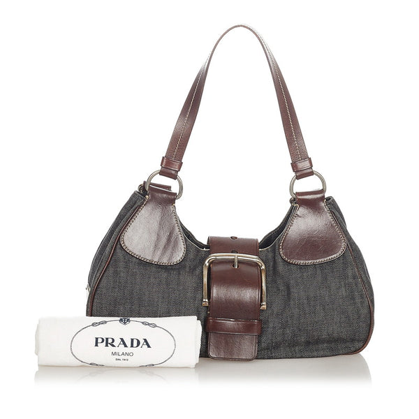 プラダ ネイビー ブラウン デニム ショルダーバッグ レディース PRADA 【中古】