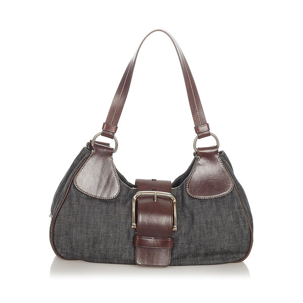 プラダ ネイビー ブラウン デニム ショルダーバッグ レディース PRADA 【中古】