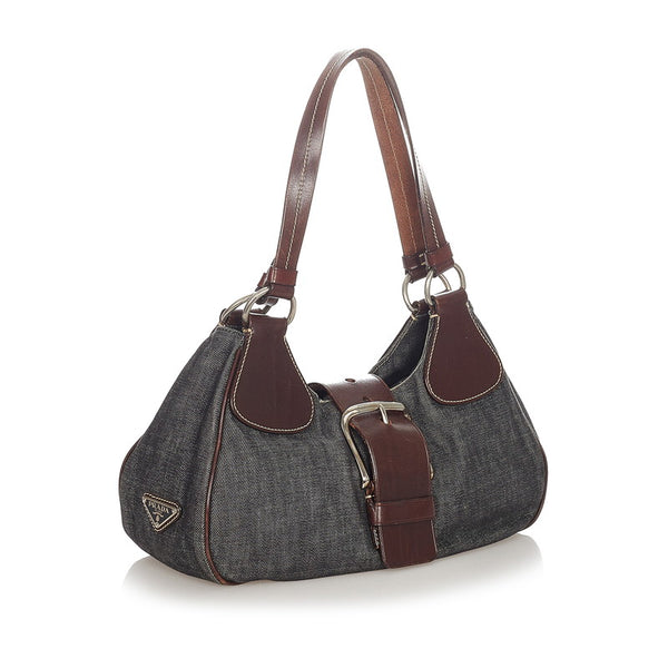 プラダ ネイビー ブラウン デニム ショルダーバッグ レディース PRADA 【中古】