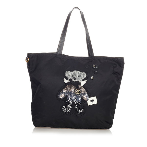 プラダ ベアー クマ スパンコール ブラック ナイロン レザー ショルダーバッグ トートバッグ レディース PRADA 【中古】