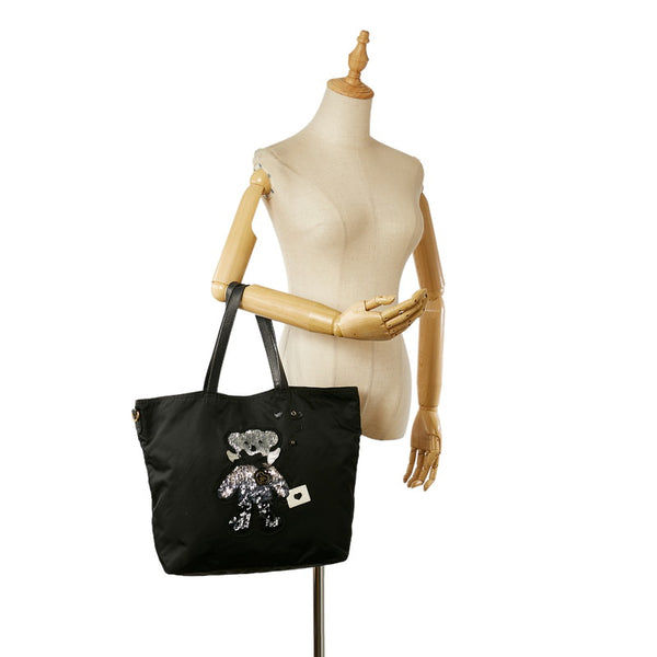 プラダ ベアー クマ スパンコール ブラック ナイロン レザー ショルダーバッグ トートバッグ レディース PRADA 【中古】