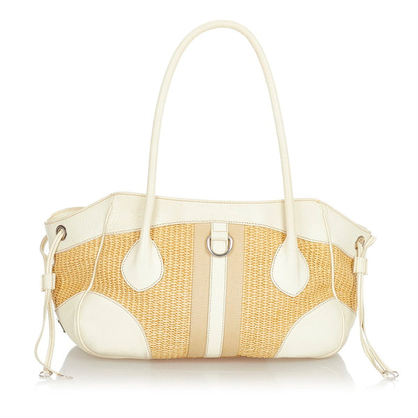 プラダ ベージュ ホワイト ストロー レザー ハンドバッグ レディース PRADA 【中古】