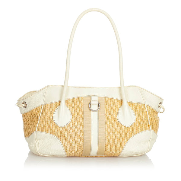 プラダ ベージュ ホワイト ストロー レザー ハンドバッグ レディース PRADA 【中古】