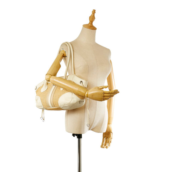 プラダ ベージュ ホワイト ストロー レザー ハンドバッグ レディース PRADA 【中古】