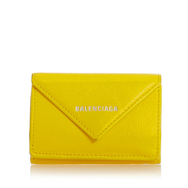 バレンシアガ ペーパーミニウオレット 三つ折り財布 イエロー カーフ レディース BALENCIAGA 【中古】