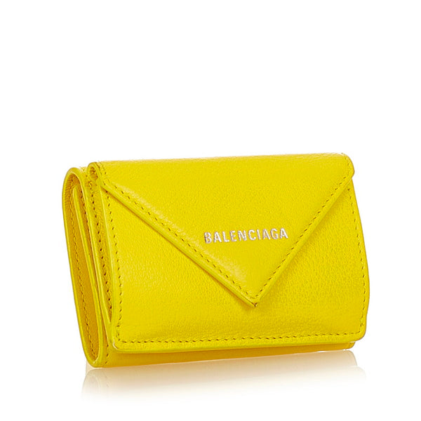 バレンシアガ ペーパーミニウオレット 三つ折り財布 イエロー カーフ レディース BALENCIAGA 【中古】
