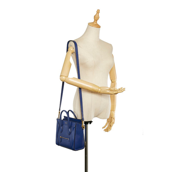 セリーヌ ラゲージナノショッパー ブルー レザー ハンドバッグ ショルダーバッグ２WAY レディース CELINE 【中古】