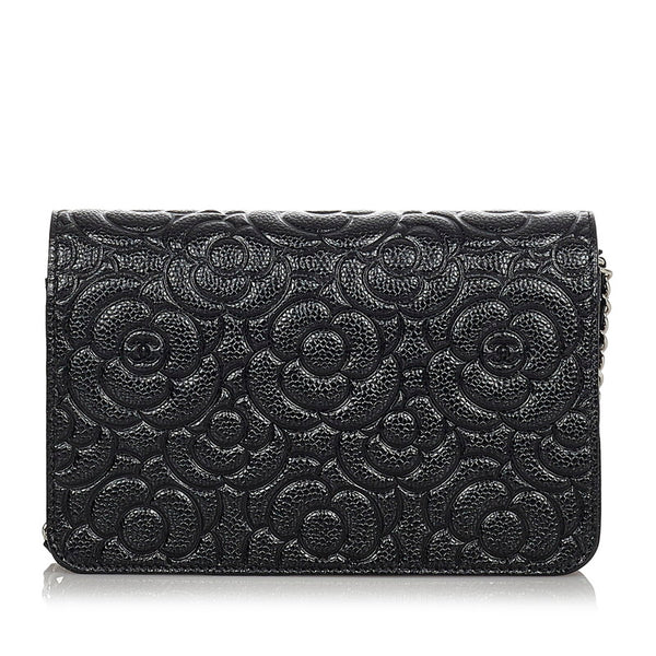 シャネル カメリア A82336 ブラック キャビアスキン ウォレットチェーン レディース CHANEL 【中古】