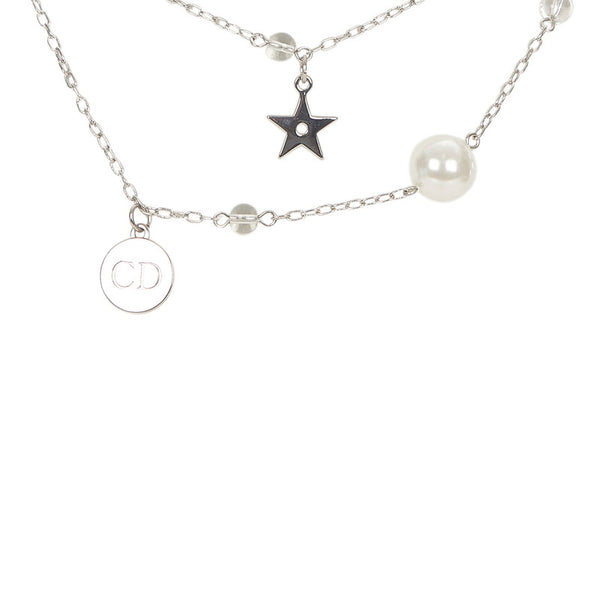 クリスチャンディオール シルバー  メタル ナイロン パールスター リボン ネックレス レディース Christian Dior 【中古】
