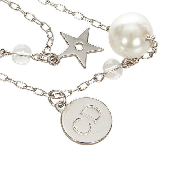 クリスチャンディオール シルバー  メタル ナイロン パールスター リボン ネックレス レディース Christian Dior 【中古】