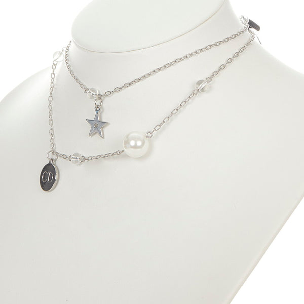 クリスチャンディオール シルバー  メタル ナイロン パールスター リボン ネックレス レディース Christian Dior 【中古】
