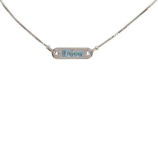 クリスチャンディオール シルバー ブルー メタル ロゴ プレート ネックレス レディース Christian Dior 【中古】