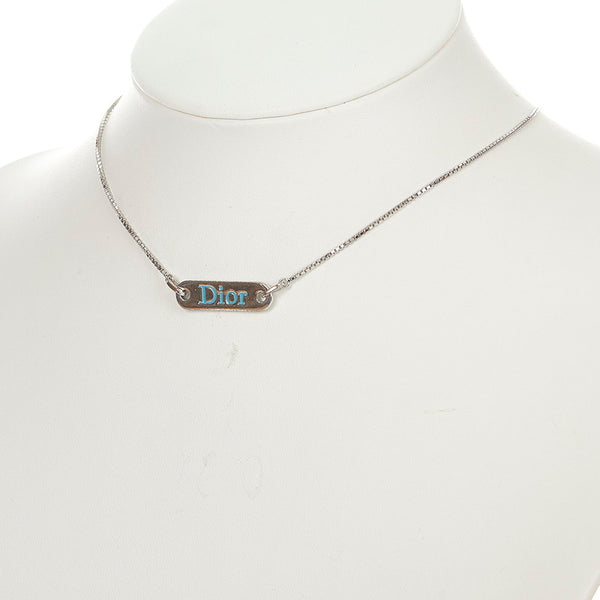 クリスチャンディオール シルバー ブルー メタル ロゴ プレート ネックレス レディース Christian Dior 【中古】