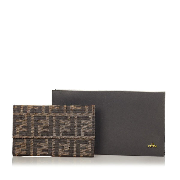 フェンディ ズッカ ブラウン ナイロン レザー 三つ折り財布 レディース FENDI 【中古】