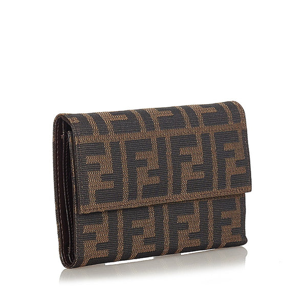 フェンディ ズッカ ブラウン ナイロン レザー 三つ折り財布 レディース FENDI 【中古】