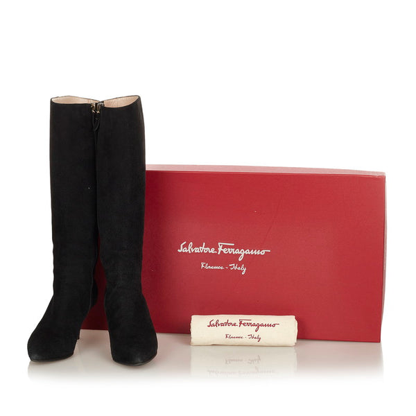 サルヴァトーレフェラガモ ブラック スウェード レザー ロングブーツ レディース Salvatore Ferragamo 【中古】