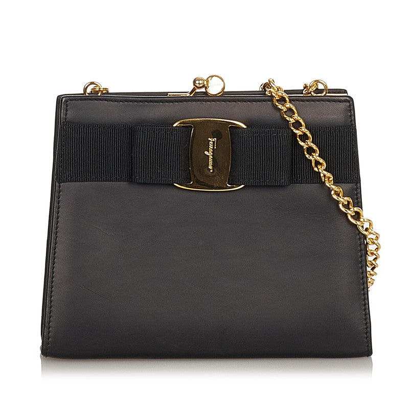 サルヴァトーレフェラガモ ヴァラリボン 223054 ブラック レザー チェーンショルダーバッグ レディース Salvatore Ferragamo 【中古】