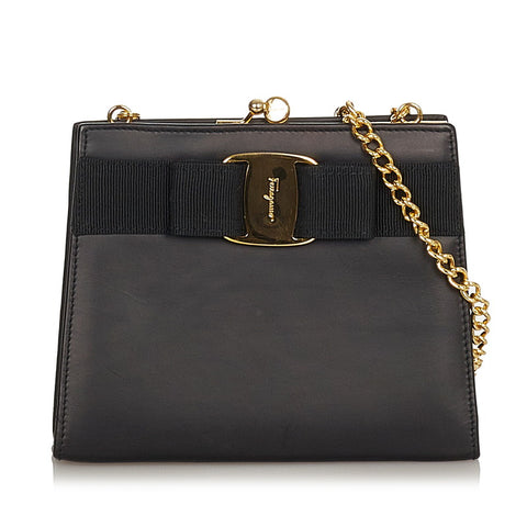 サルヴァトーレフェラガモ ヴァラリボン 223054 ブラック レザー チェーンショルダーバッグ レディース Salvatore Ferragamo 【中古】