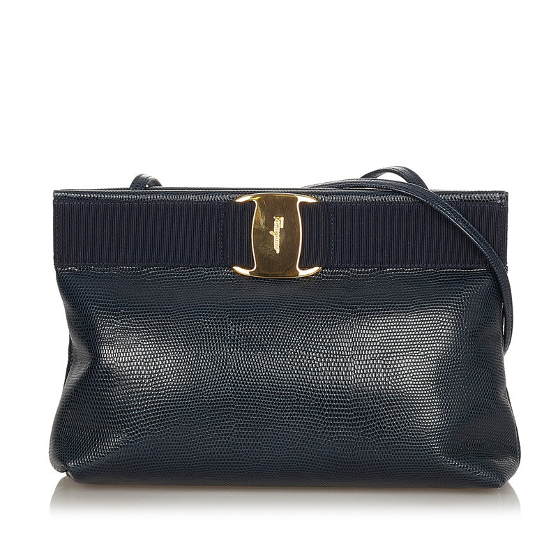 サルヴァトーレフェラガモ ヴァラ 型押し D210588 ネイビー レザー 斜め掛け ショルダーバッグ レディース Salvatore Ferragamo 【中古】