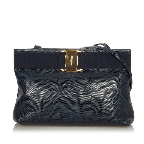 サルヴァトーレフェラガモ ヴァラ 型押し D210588 ネイビー レザー 斜め掛け ショルダーバッグ レディース Salvatore Ferragamo 【中古】