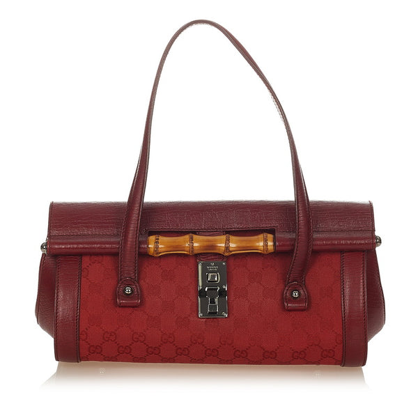 グッチ GGキャンバス バンブー 111713 レッド レザー キャンバス ハンドバッグ レディース GUCCI 【中古】