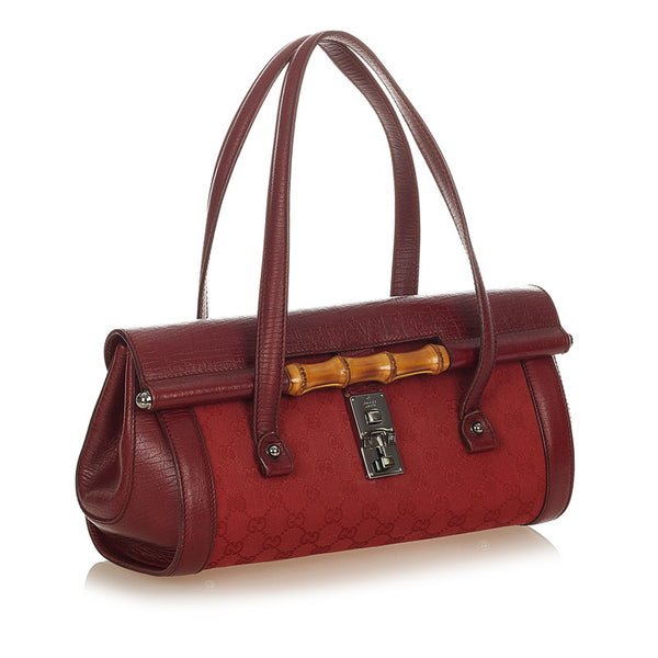 グッチ GGキャンバス バンブー 111713 レッド レザー キャンバス ハンドバッグ レディース GUCCI 【中古】