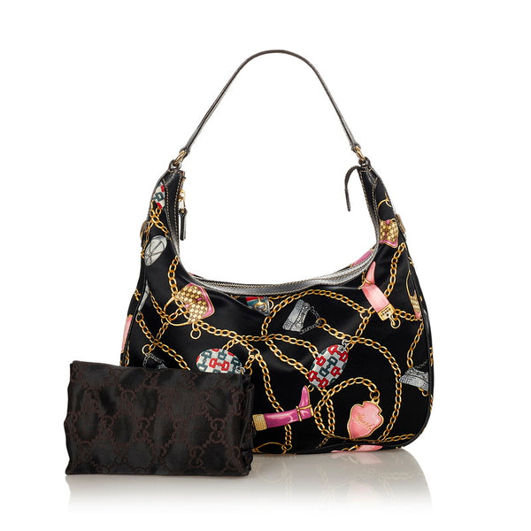 グッチ チャーム柄 153010 ブラック マルチカラー サテン レザー ワンショルダー レディース GUCCI 【中古】