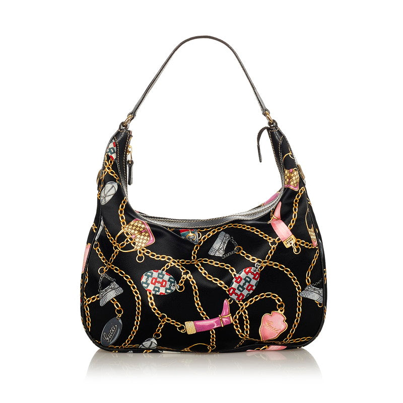 グッチ チャーム柄 153010 ブラック マルチカラー サテン レザー ワンショルダー レディース GUCCI 【中古】