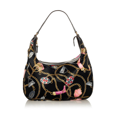 グッチ チャーム柄 153010 ブラック マルチカラー サテン レザー ワンショルダー レディース GUCCI 【中古】