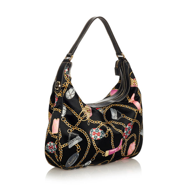グッチ チャーム柄 153010 ブラック マルチカラー サテン レザー ワンショルダー レディース GUCCI 【中古】