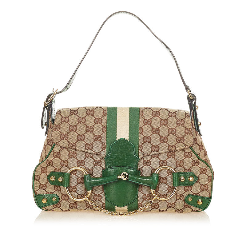 グッチ GGキャンバス ホースビット 131474 グリーン ブラウン キャンバス レザー ショルダーバッグ レディース GUCCI 【中古】