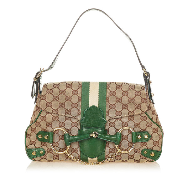 グッチ GGキャンバス ホースビット 131474 グリーン ブラウン キャンバス レザー ショルダーバッグ レディース GUCCI 【中古】