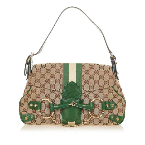 グッチ GGキャンバス ホースビット 131474 グリーン ブラウン キャンバス レザー ショルダーバッグ レディース GUCCI 【中古】