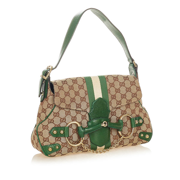 グッチ GGキャンバス ホースビット 131474 グリーン ブラウン キャンバス レザー ショルダーバッグ レディース GUCCI 【中古】