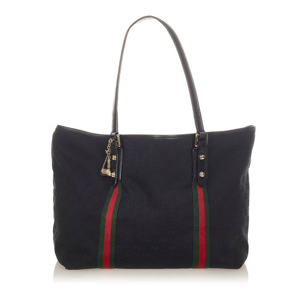 グッチ GGキャンバス シェリーライン 139260 ブラック キャンバス レザー トートバッグ レディース GUCCI 【中古】