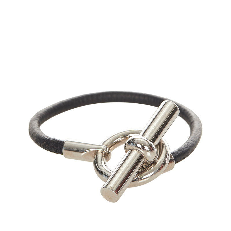エルメス ブラック シルバー レザー メタル グレナン ブレスレット レディース HERMES 【中古】