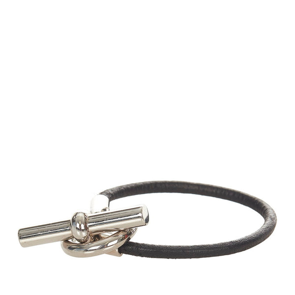 エルメス ブラック シルバー レザー メタル グレナン ブレスレット レディース HERMES 【中古】