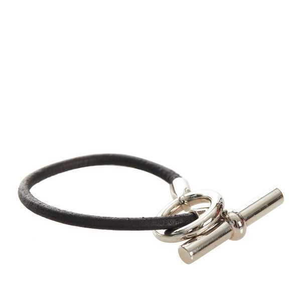 エルメス ブラック シルバー レザー メタル グレナン ブレスレット レディース HERMES 【中古】