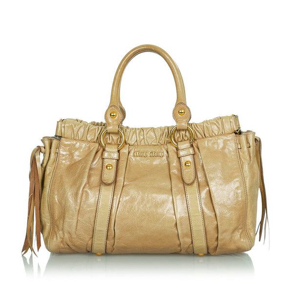 ミュウミュウ シワ加工 カーキ レザー ハンドバッグ レディース MIUMIU 【中古】