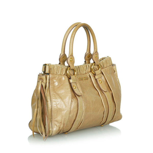 ミュウミュウ シワ加工 カーキ レザー ハンドバッグ レディース MIUMIU 【中古】