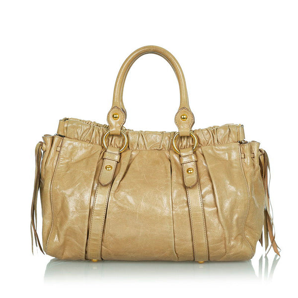 ミュウミュウ シワ加工 カーキ レザー ハンドバッグ レディース MIUMIU 【中古】