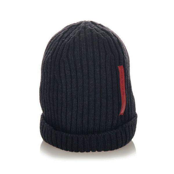 プラダ ブラック レッド ウール ニットキャップ レディース PRADA 【中古】
