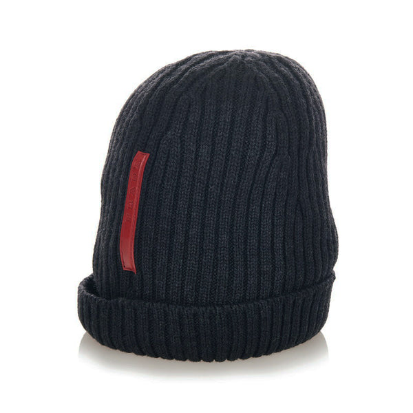 プラダ ブラック レッド ウール ニットキャップ レディース PRADA 【中古】