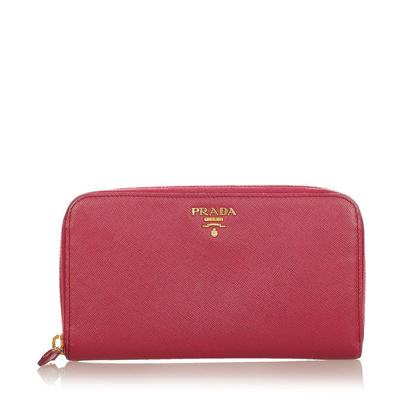 プラダ ピンク レザー サフィアーノ ラウンドファスナー 長財布 レディース PRADA 【中古】