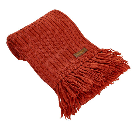 サンローラン ケーブル編み フリンジ オレンジ ブラウン ウール マフラー レディース SAINT LAURENT 【中古】