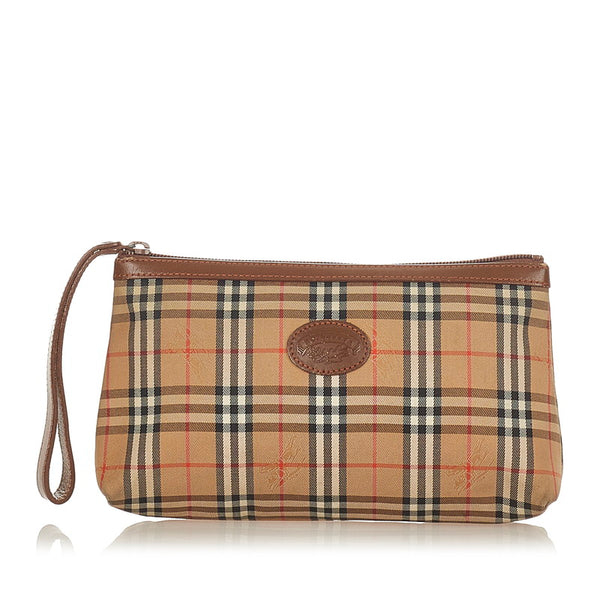 バーバリー ノバチェック ブラウン ベージュ キャンバス レザー ポーチ レディース BURBERRY 【中古】