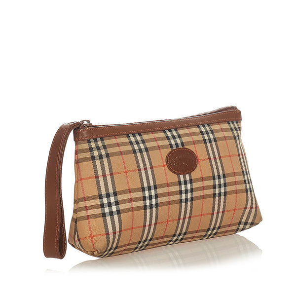 バーバリー ノバチェック ブラウン ベージュ キャンバス レザー ポーチ レディース BURBERRY 【中古】