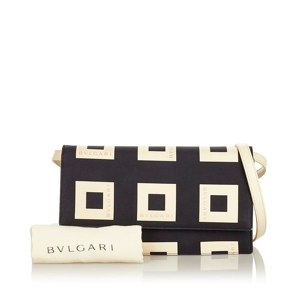 ブルガリ スクエア ロゴ ブラック ベージュ ナイロン レザー 肩掛け ショルダーバッグ レディース BVLGARI 【中古】