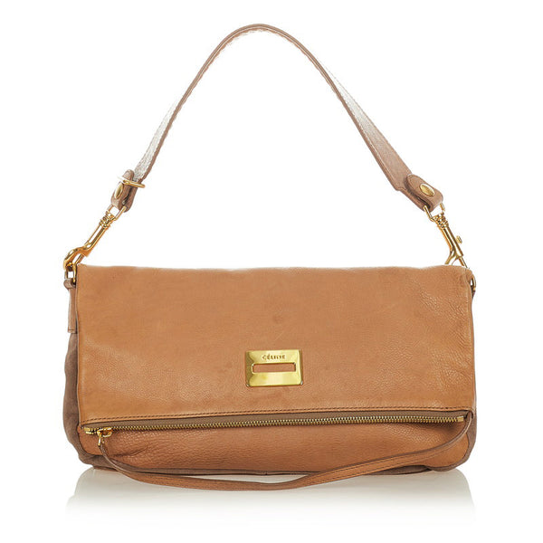 セリーヌ スクエア ロゴ W-UP-0190 ライトブラウン レザー スウェード ショルダーバッグ レディース CELINE 【中古】